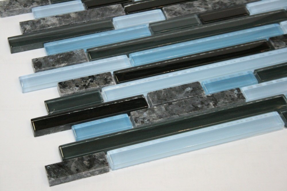 Modern Design Series Random Brick Pattern Glass & Blue Pearl Polished Grannite Tile