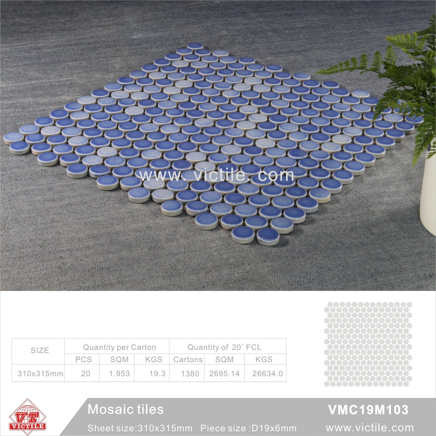 Building Material Ceramic Mosaic Swimming Pool Tile (VMC19M103, 310X315mm+D19X6mm)