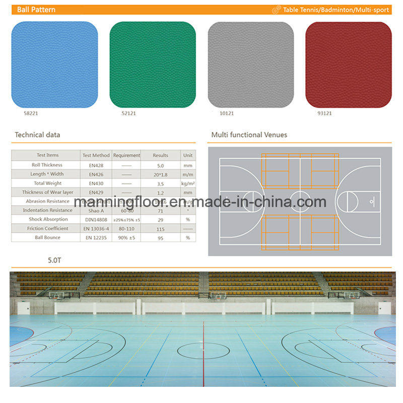 Blue Ball Pattern 5mm Thickness Indoor Solid Color PVC Flooring for Tennis Multifunction