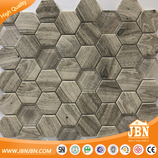 Wooden Design Hexagon Mesh Mounted Glass Mosaic (V645008)