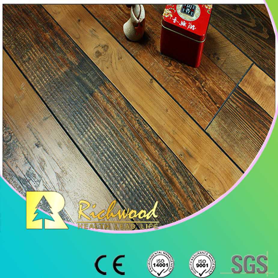 Commercial 12.3mm Hand Scraped Walnut V-Grooved Laminated Floor