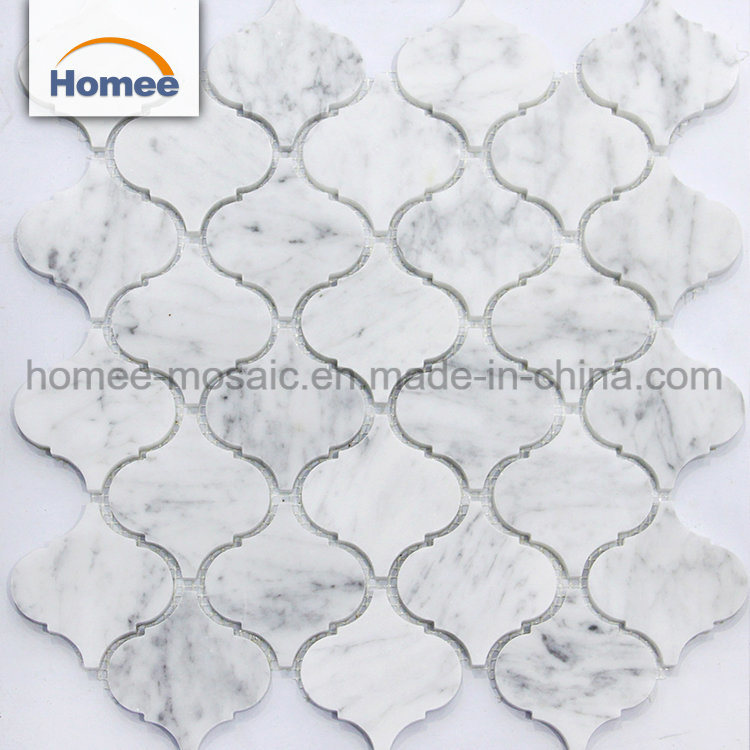Lantern Glossy Carrara White Polish Marble Water Jet Arabesque Mosaic Tile