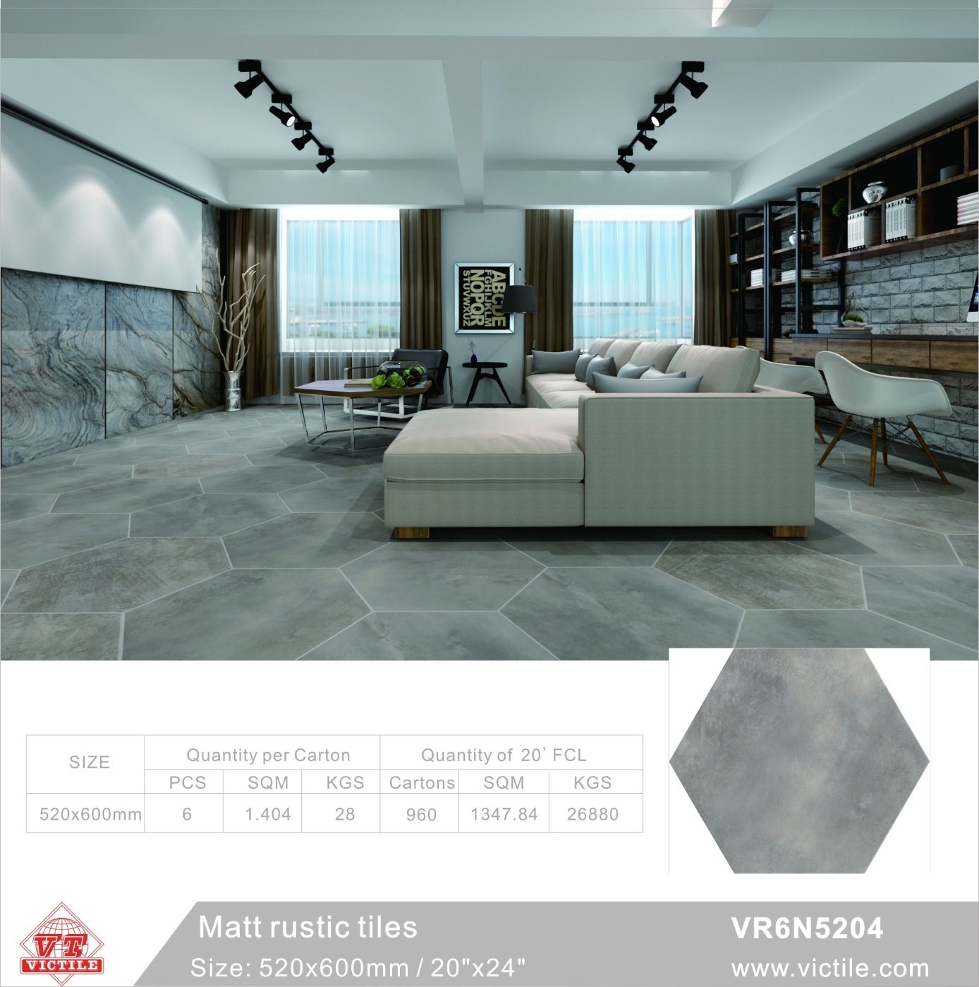 Foshan China Gray Buiilding Material Rustic Ceramic Floor Porcelain Six Corners Tiles (VR6N5204, 520X600mm/20''X24'')