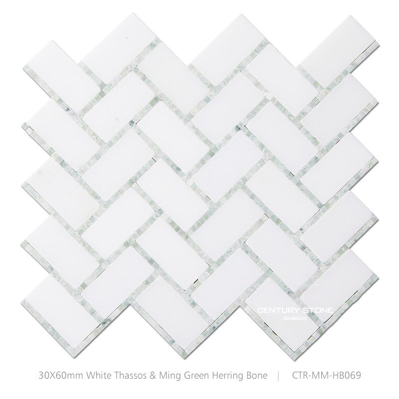 30X60mm White Thassos and Ming Green Herringbone Mosaic Tile