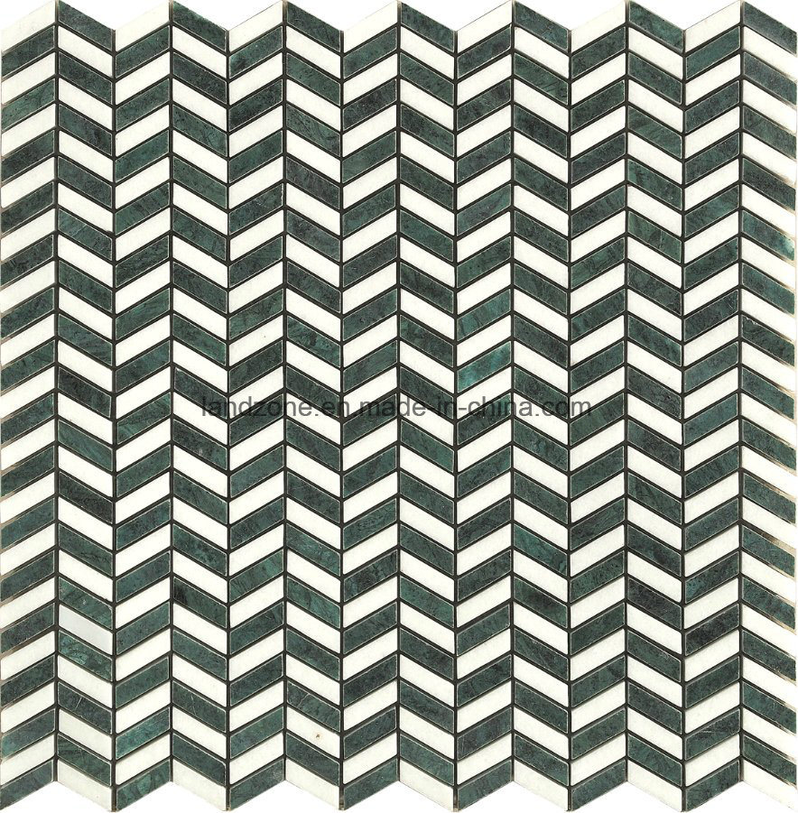 Chevron Pattern Green Mix White Marble Mosaic Tile