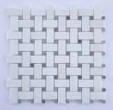 Thassos White Greek Marble Honed Basketweave Mosaic Tile with Bardiglio Blue Gray Marble Dots